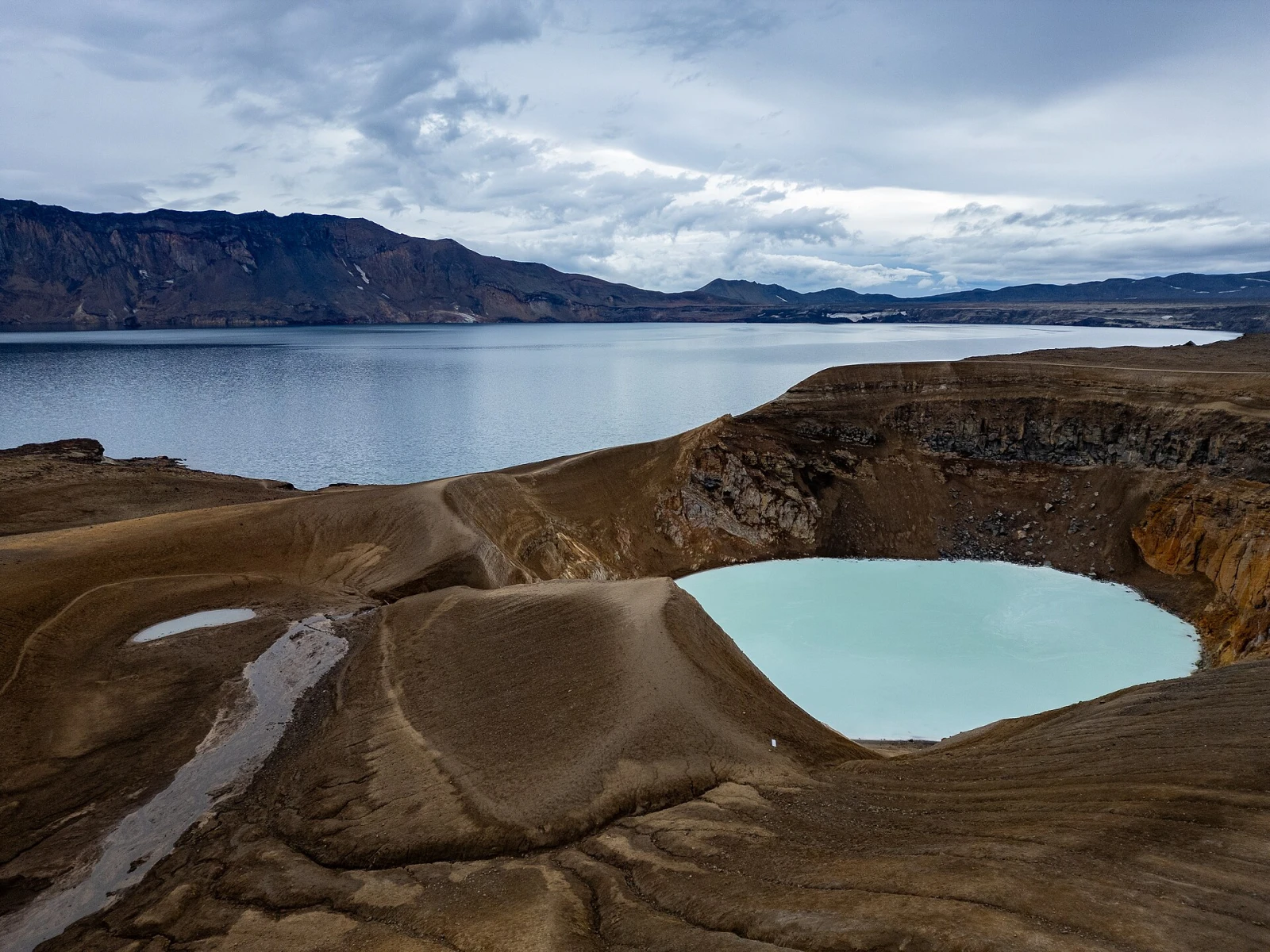 Aerial view of Víti crater and Öskjuvatn in Iceland's Askja caldera.