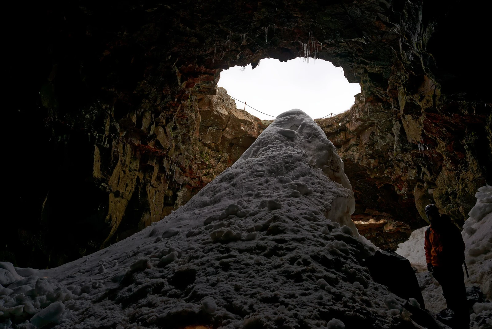The textured interior of Raufarhólshellir lava tunnel in Iceland.