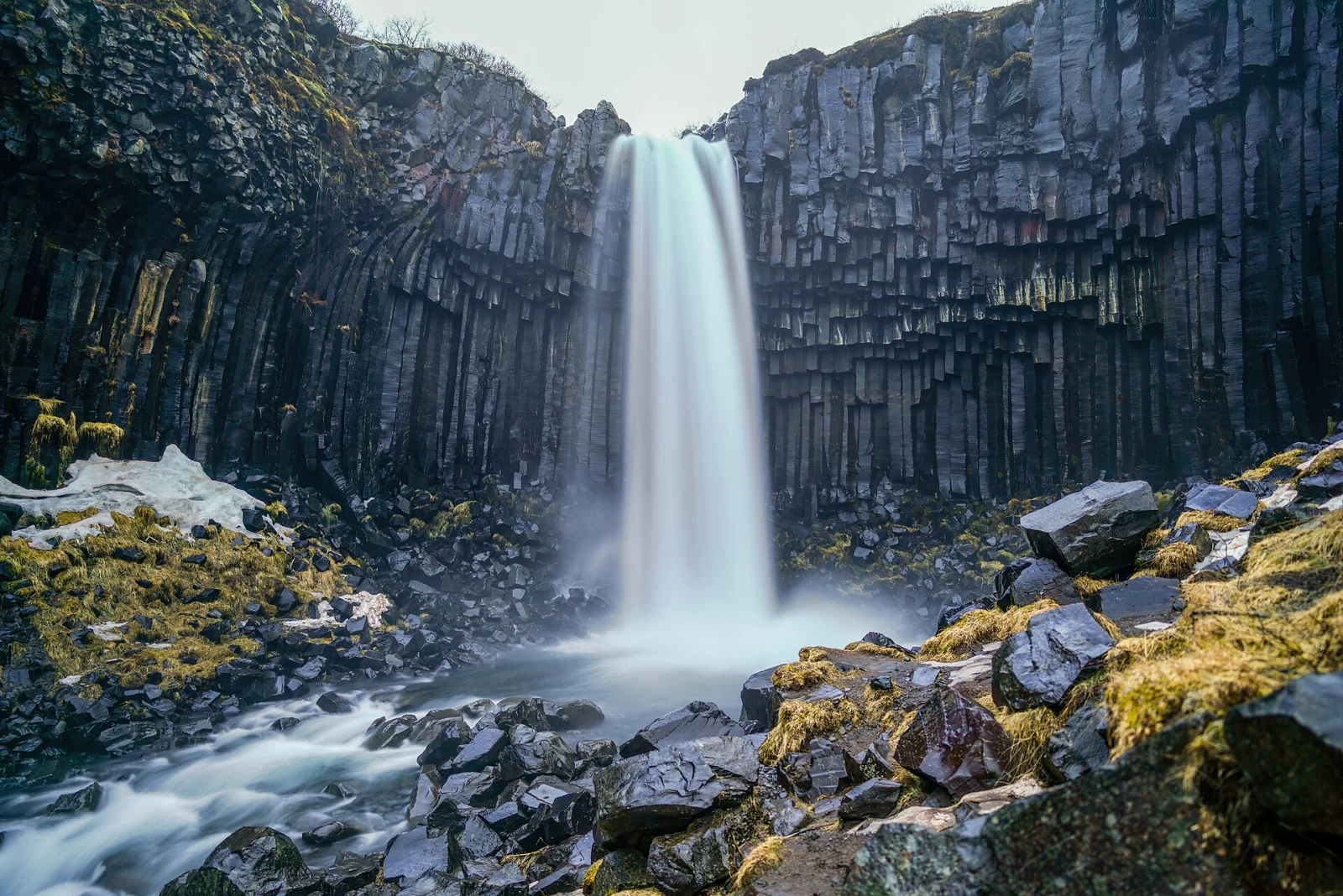 Svartifoss waterfall framed by dark basalt columns in Skaftafell, Iceland.