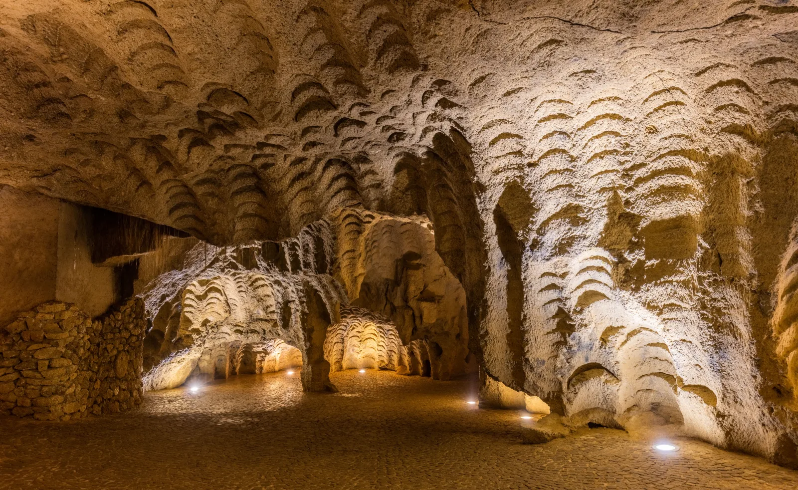 The illuminated interior of the Caves of Hercules near Tangier, Morocco