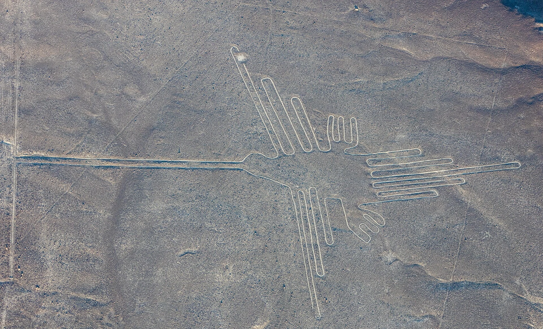 Aerial view of the Hummingbird geoglyph in the Nazca desert.