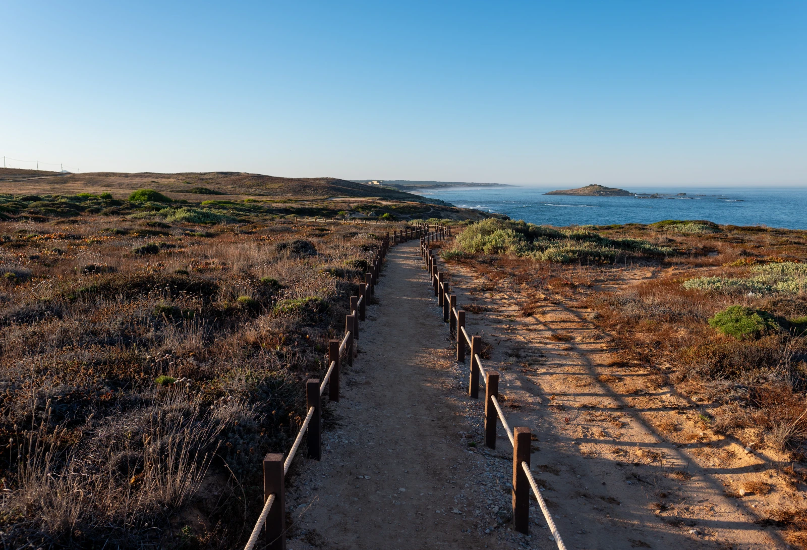 The Fishermen's Trail following cliffs above the Atlantic near Porto Covo, Portugal.