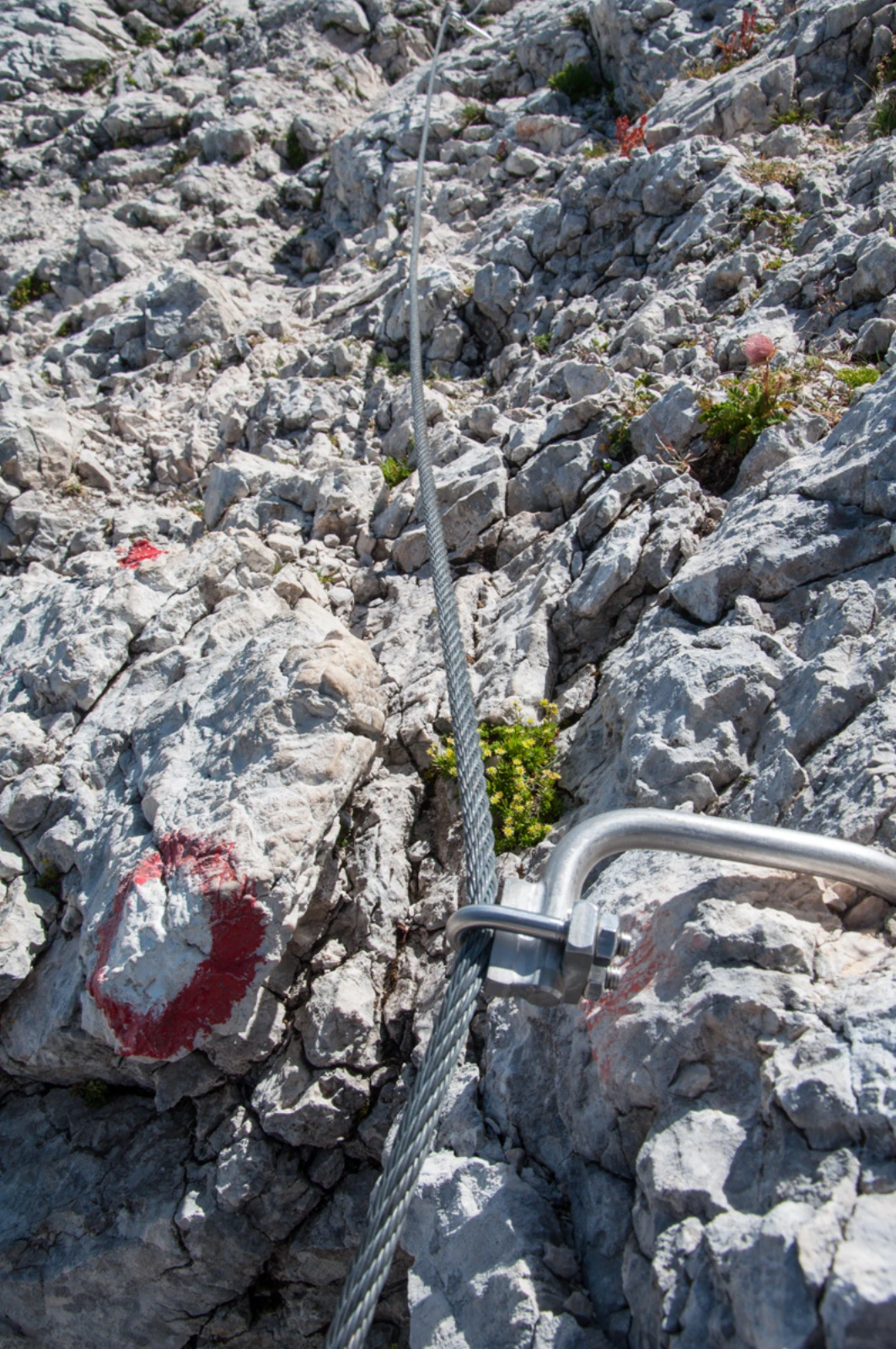 A climber on a protected cable route on Mangart's limestone.