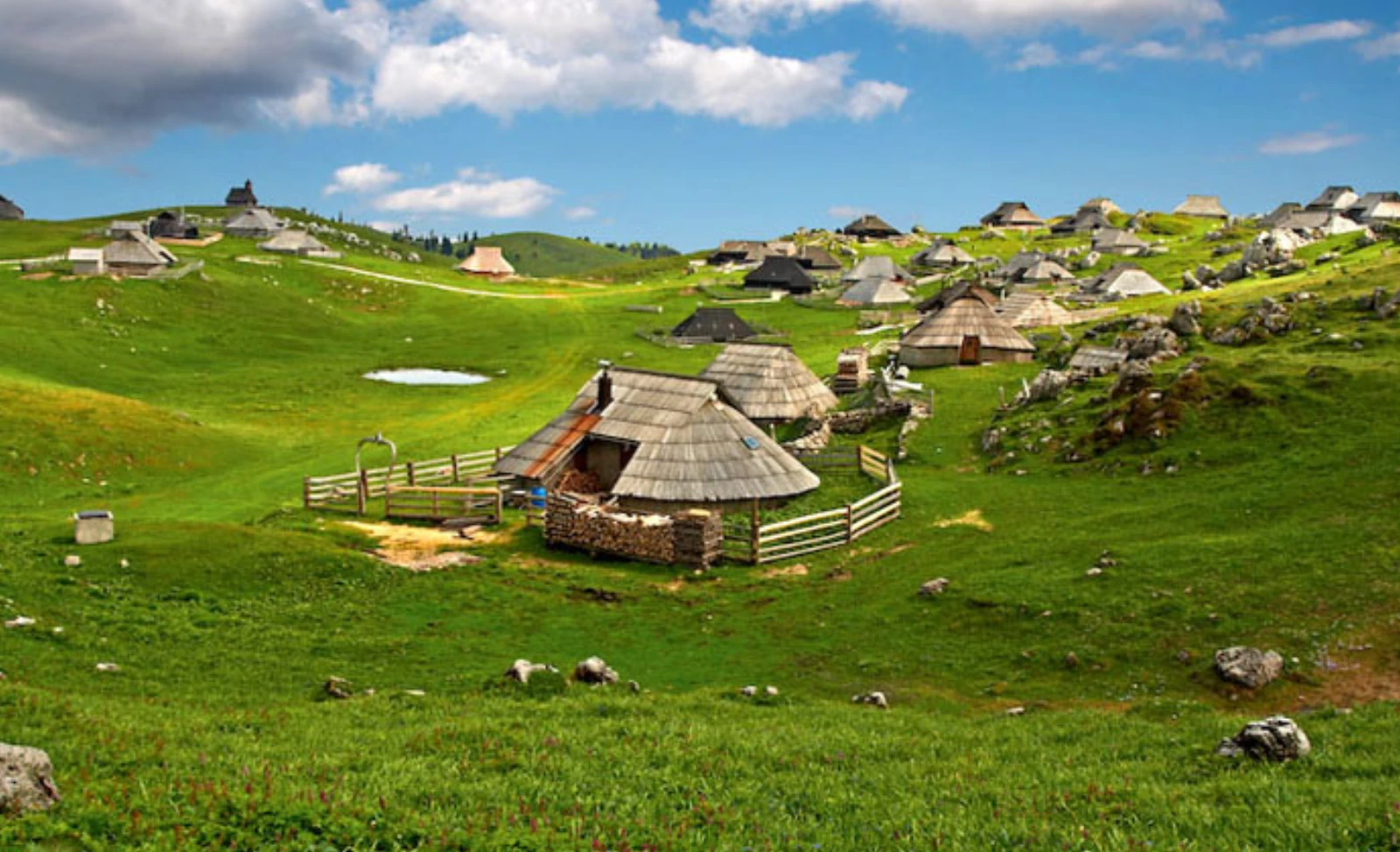 Traditional wooden herdsmen huts across the green high pasture of Velika Planina.