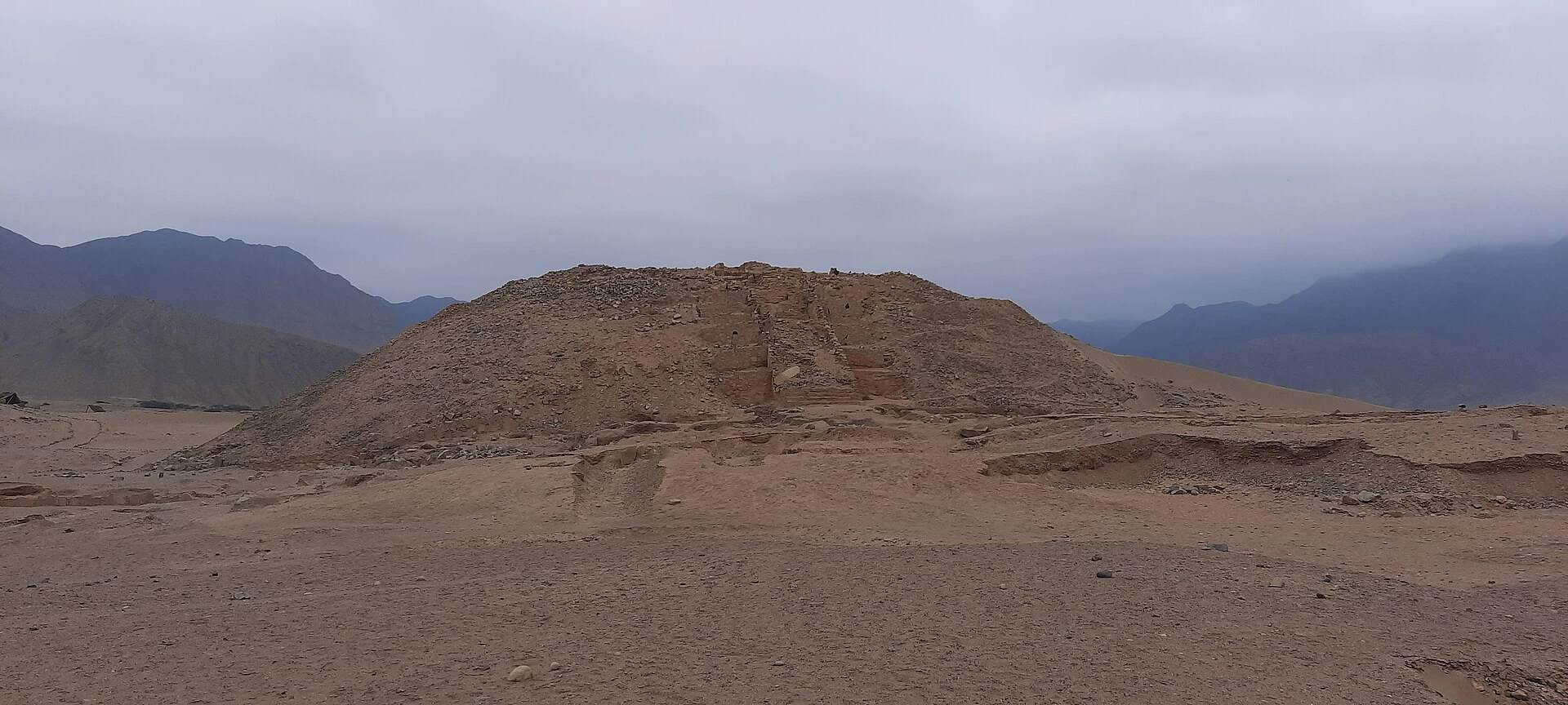 Panoramic view of the platform mounds and desert landscape at Caral.
