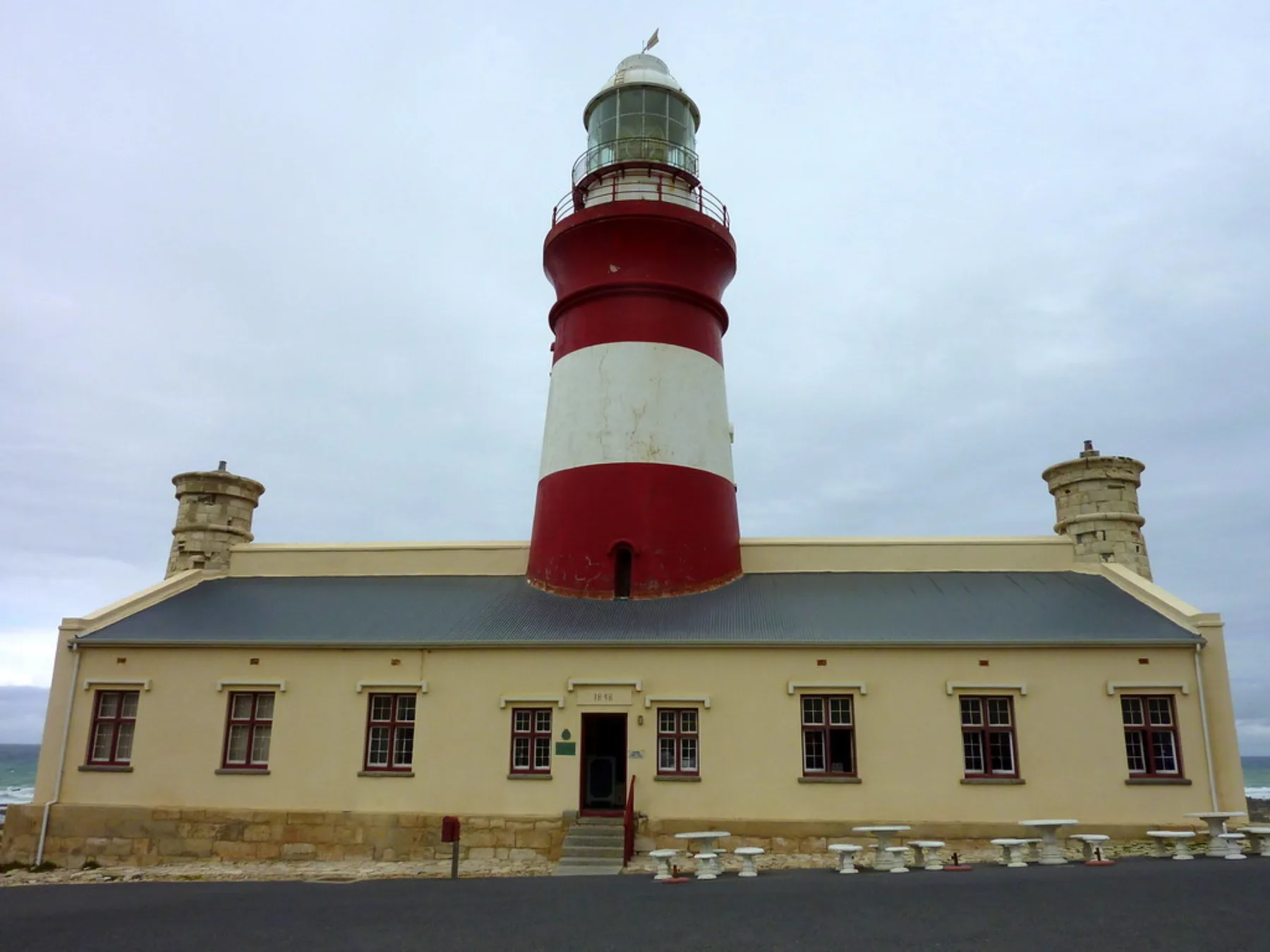 The historic Cape Agulhas Lighthouse at the southernmost point of Africa.