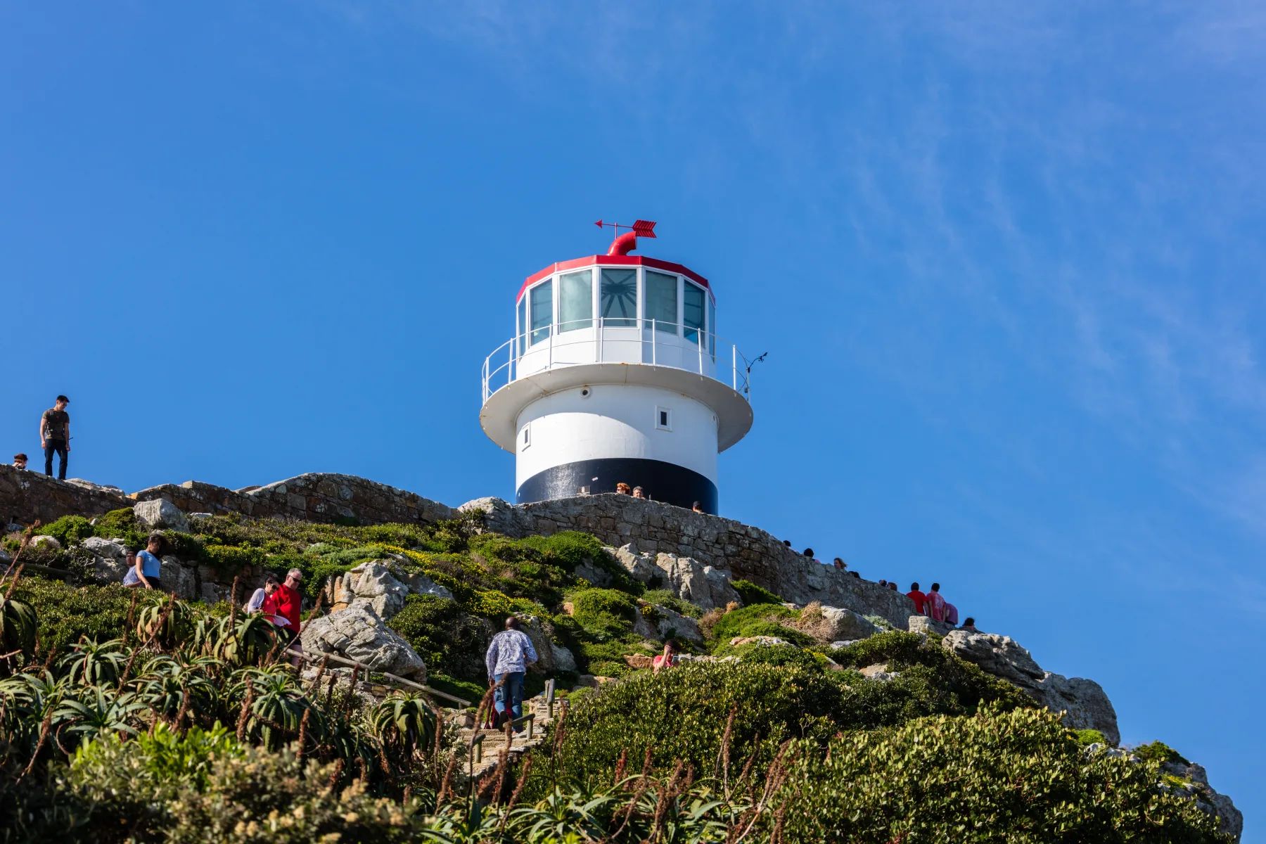 The old lighthouse stands above the cliffs at Cape Point, South Africa.