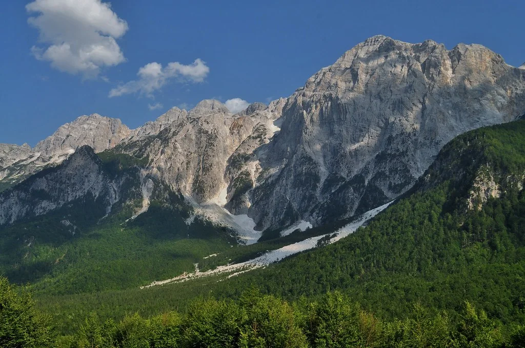 Jagged limestone peaks and a green valley in the Accursed Mountains of northern Albania.