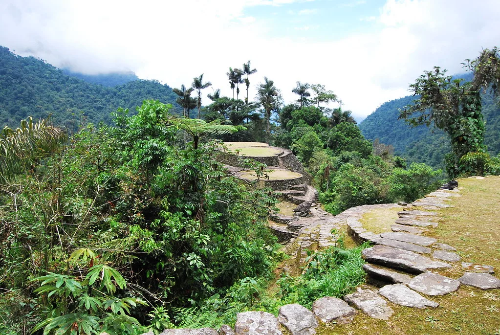 Stone terraces and rainforest on the approach to Ciudad Perdida in Colombia.