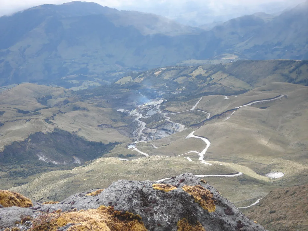 Volcanic landscape and high páramo seen from Puracé volcano in Colombia.