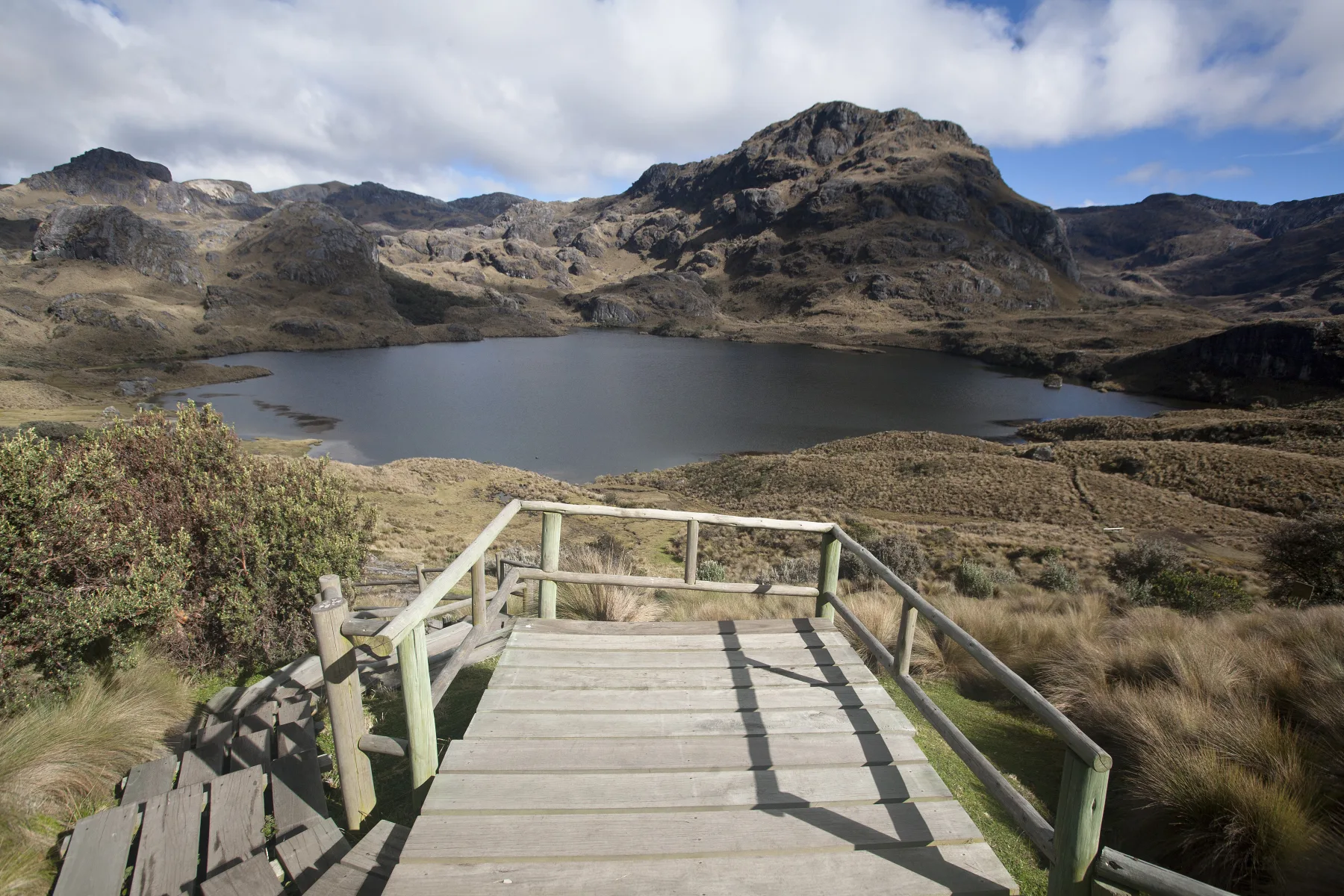 A wooden trail descends through Cajas páramo toward Laguna Toreadora and rocky peaks.