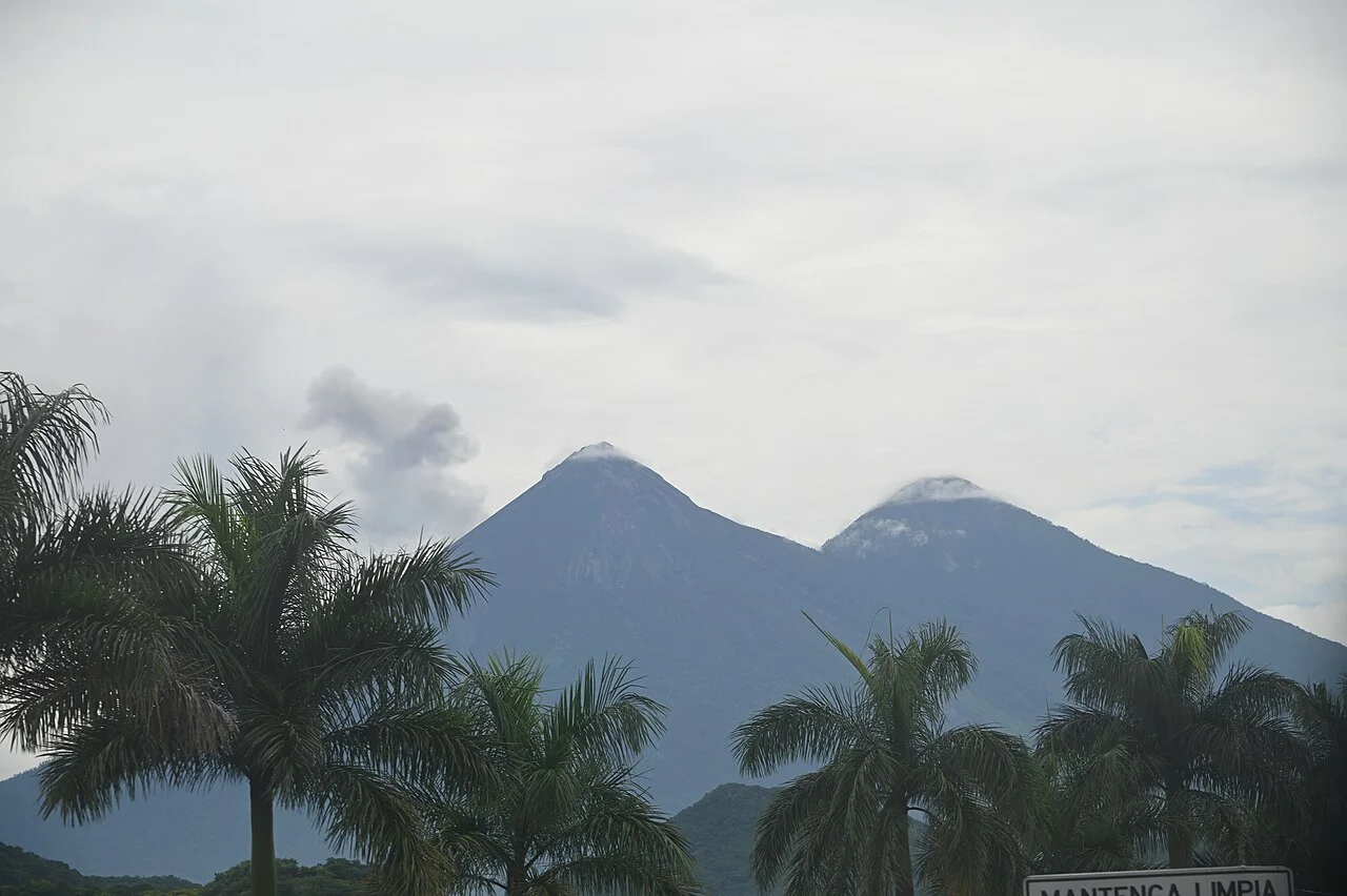 Fuego and Acatenango volcanoes rising above Guatemala's highlands.