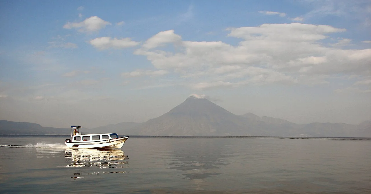 Volcán San Pedro rising from Lake Atitlán in Guatemala.