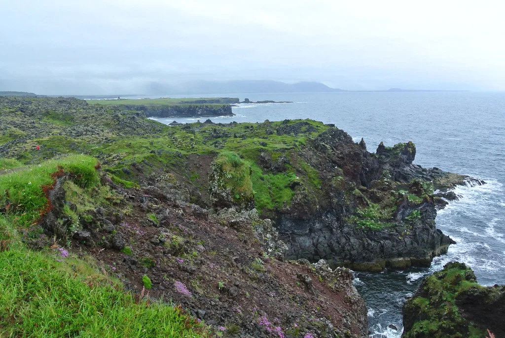 The lava coast and sea cliffs beside the Arnarstapi to Hellnar walking route.