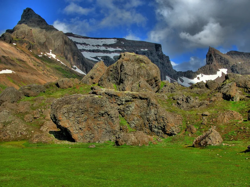 The giant boulders and steep mountain walls of Stórurð in Iceland's Eastfjords.