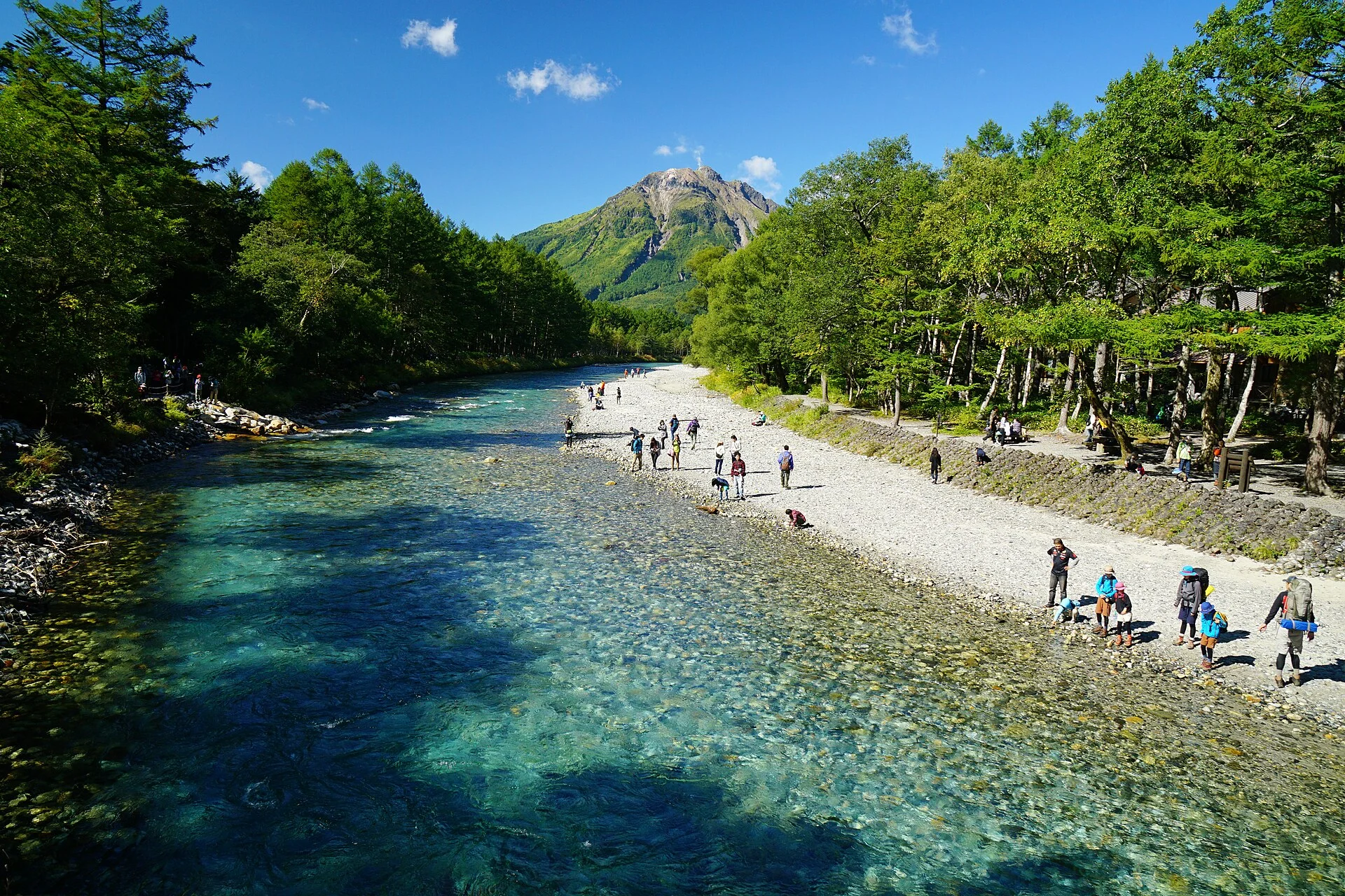 Mount Yakedake rising beyond the Azusa River at Kamikochi.