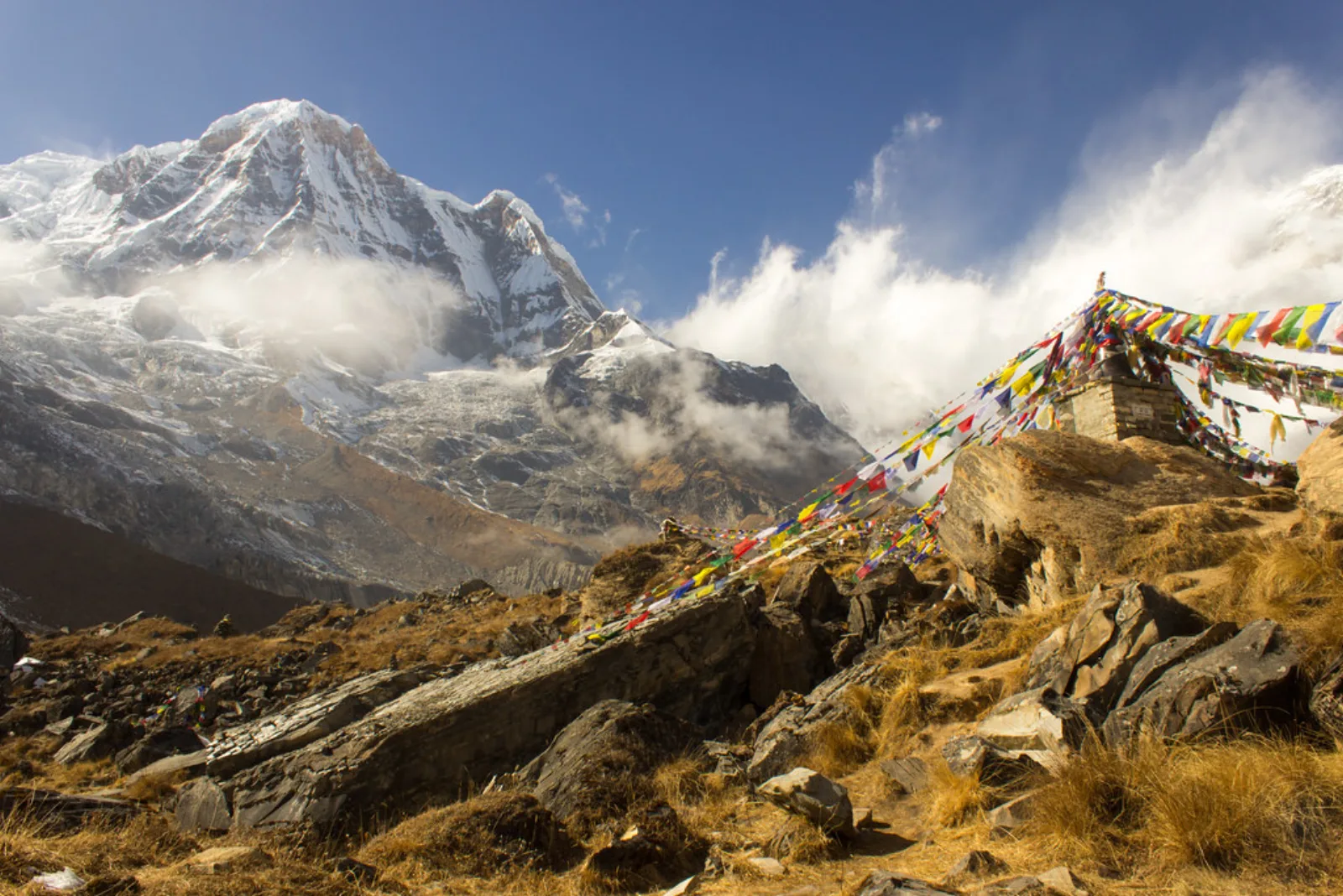 Prayer flags and snowy peaks at Annapurna Base Camp.
