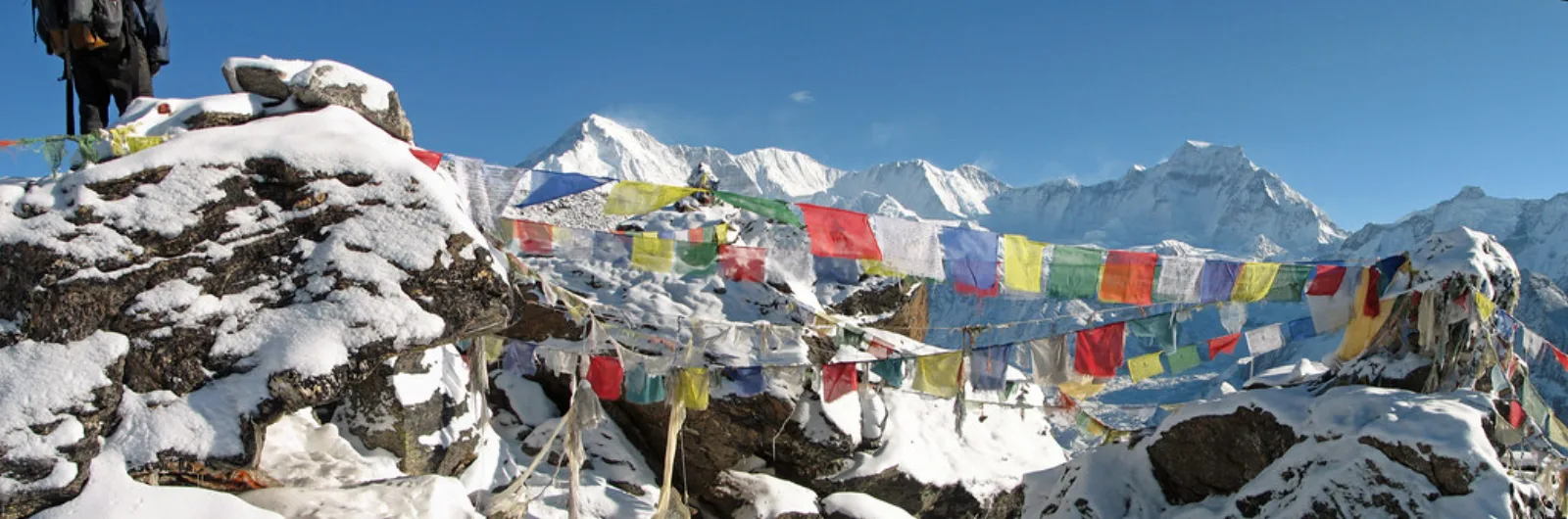 Prayer flags and Himalayan peaks from Gokyo Ri.