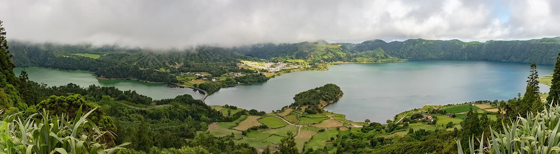 Green and blue crater lakes below the Sete Cidades rim on São Miguel.