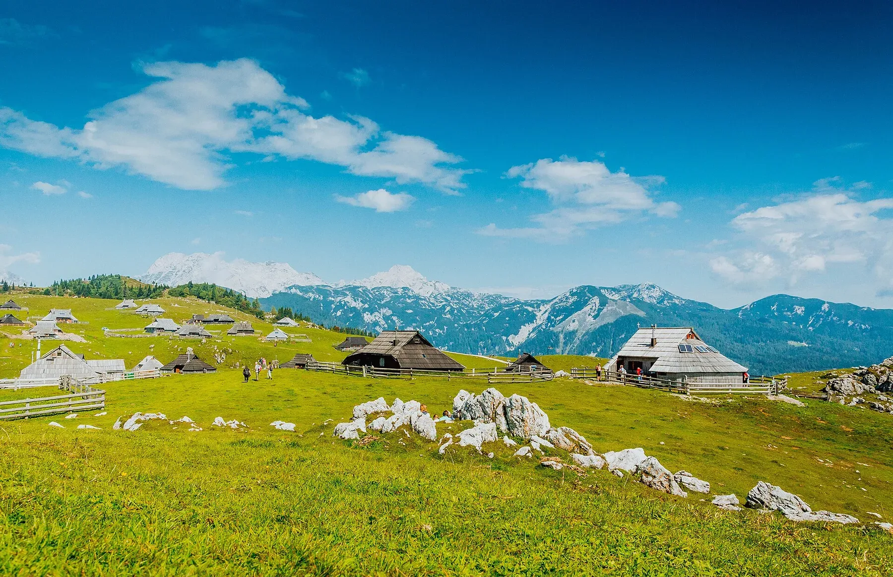 Traditional herdsmen's huts on the open pastures of Velika Planina, Slovenia.