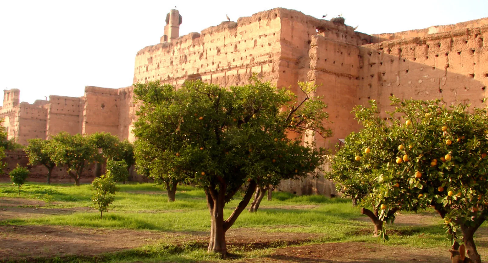 Los muros de tierra y el naranjal del palacio El Badi, en Marrakech.