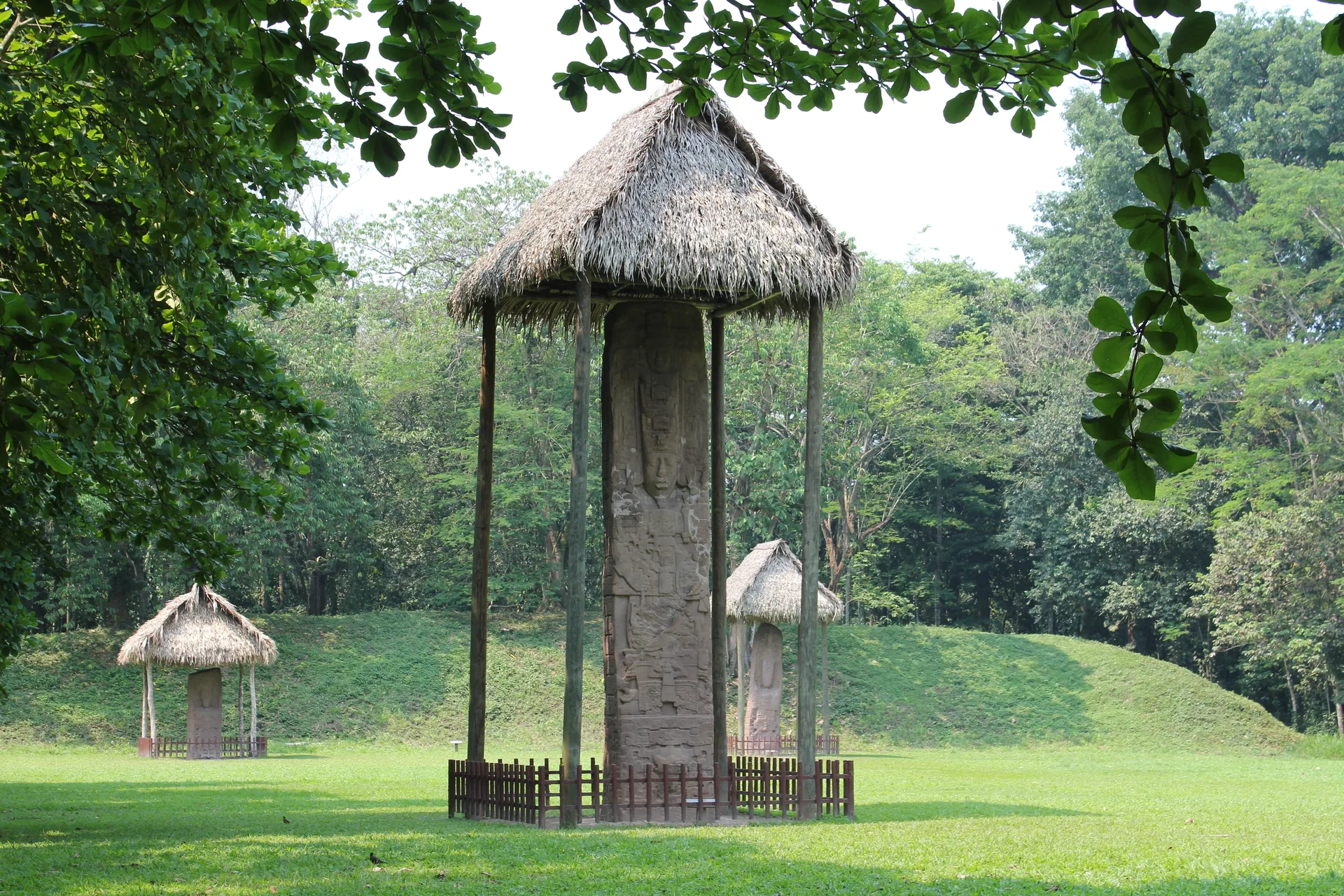 Stela E standing beneath its protective shelter at Quiriguá.