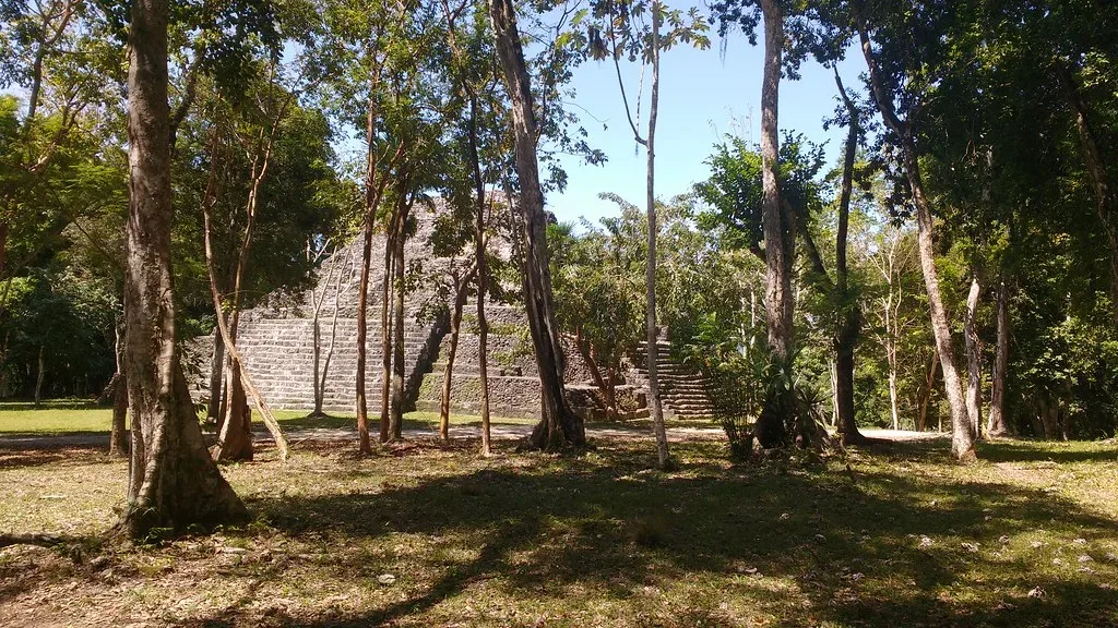 Maya temples rising above the forest at Yaxhá in Guatemala.