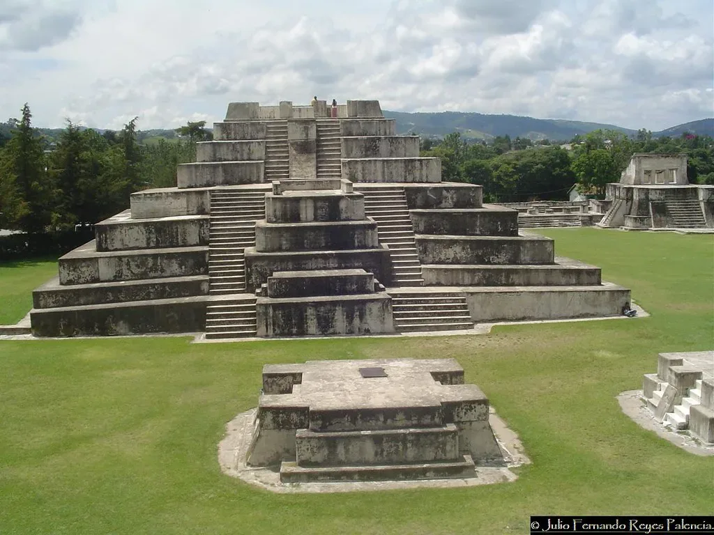 Restored stepped temple and plaza at Zaculeu near Huehuetenango.
