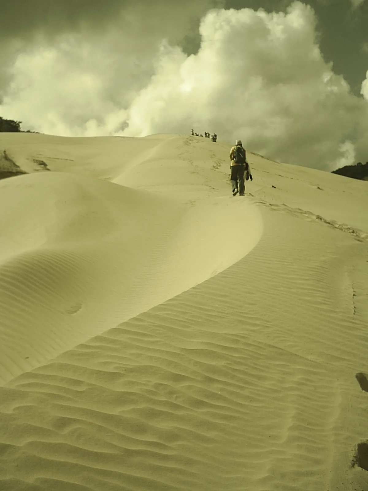 A traveller walking across dunes in Colombia's Alta Guajira landscape.
