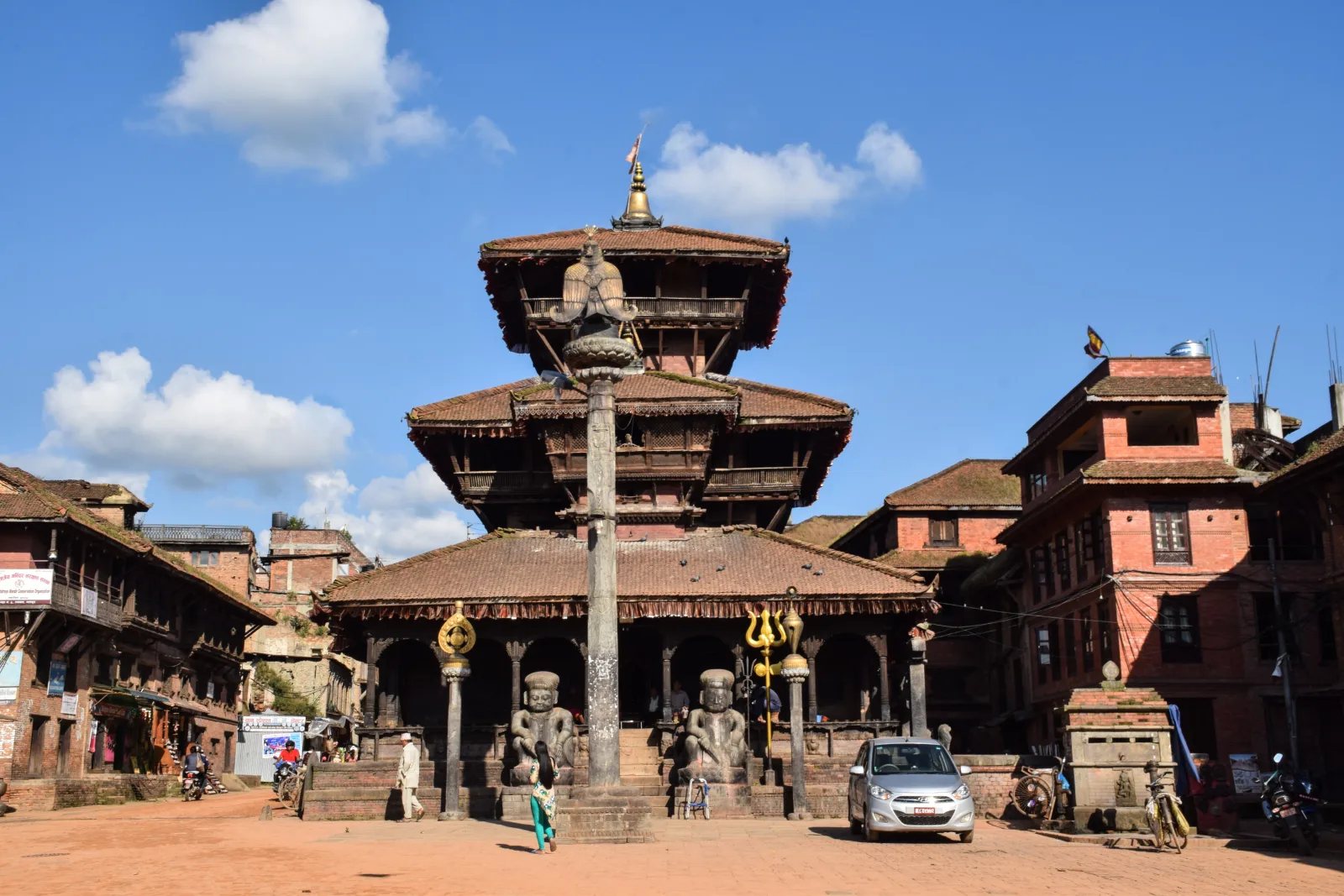 The pagoda roof and carved woodwork of Dattatreya Temple in Bhaktapur.