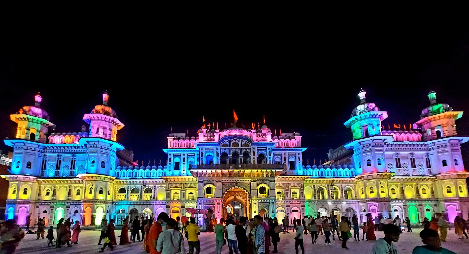 Janaki Mandir in Janakpur illuminated against the night sky.