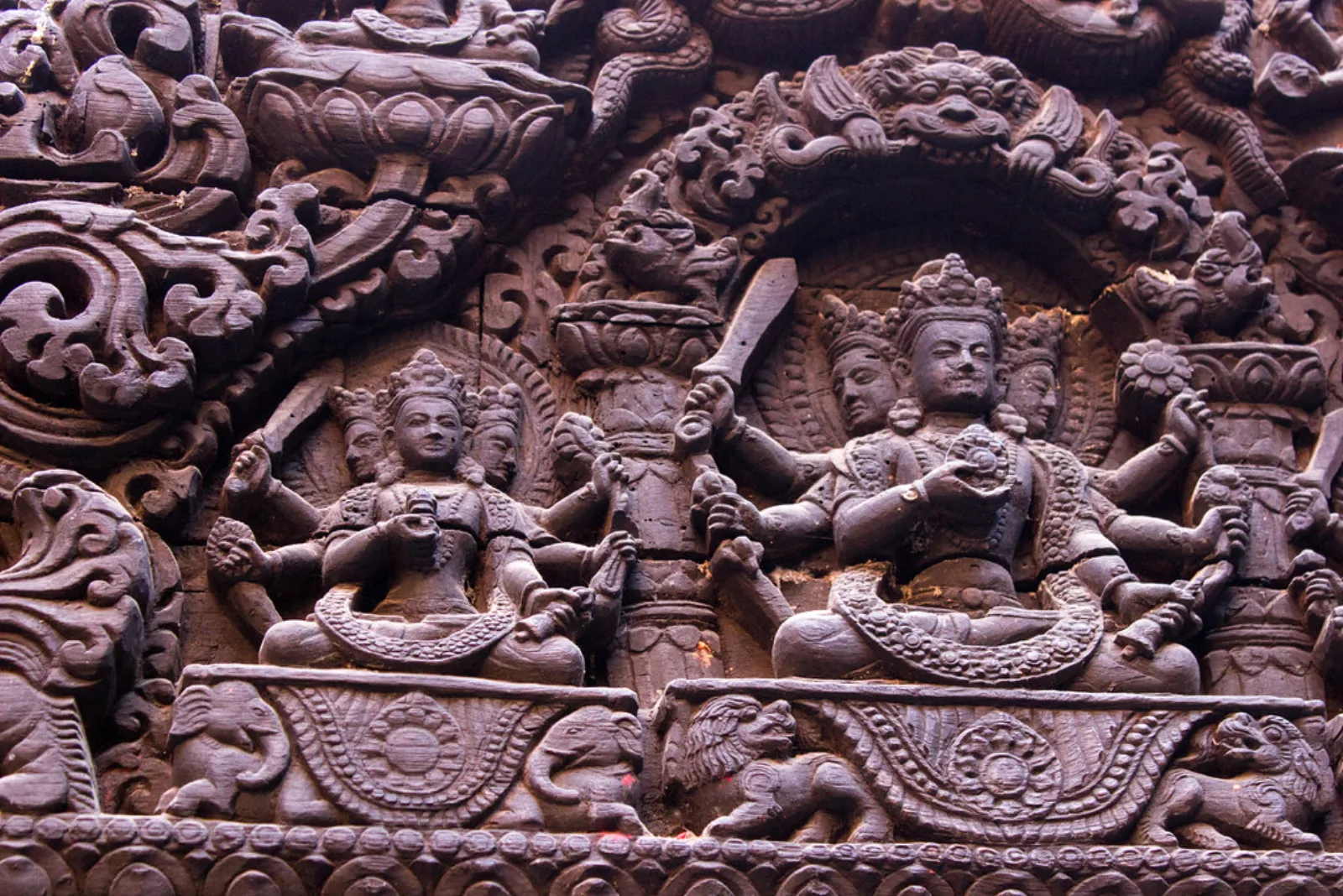 The ornate facade of Kumari Ghar in Kathmandu Durbar Square.