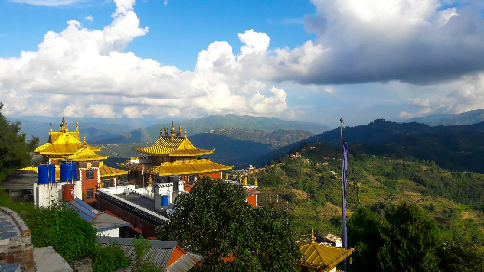 A monastery and surrounding hills at Namo Buddha.