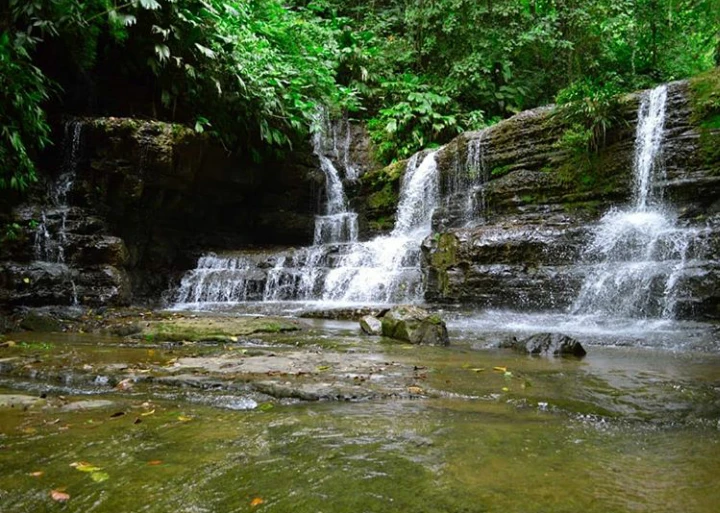 Small cascades and clear water on the forest approach to Juan Curí waterfall in Santander, Colombia.