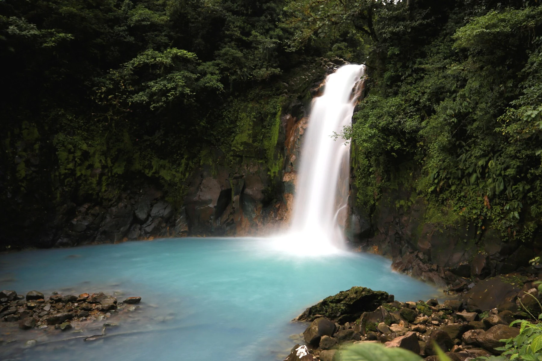 Río Celeste Waterfall dropping through tropical forest in Costa Rica.